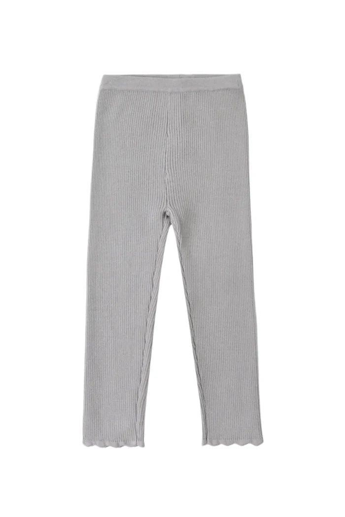 Light blue ribbed knit leggings with scalloped edges at the ankles, shown flat against a plain white background.