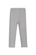 Light blue ribbed knit leggings with scalloped edges at the ankles, shown flat against a plain white background.