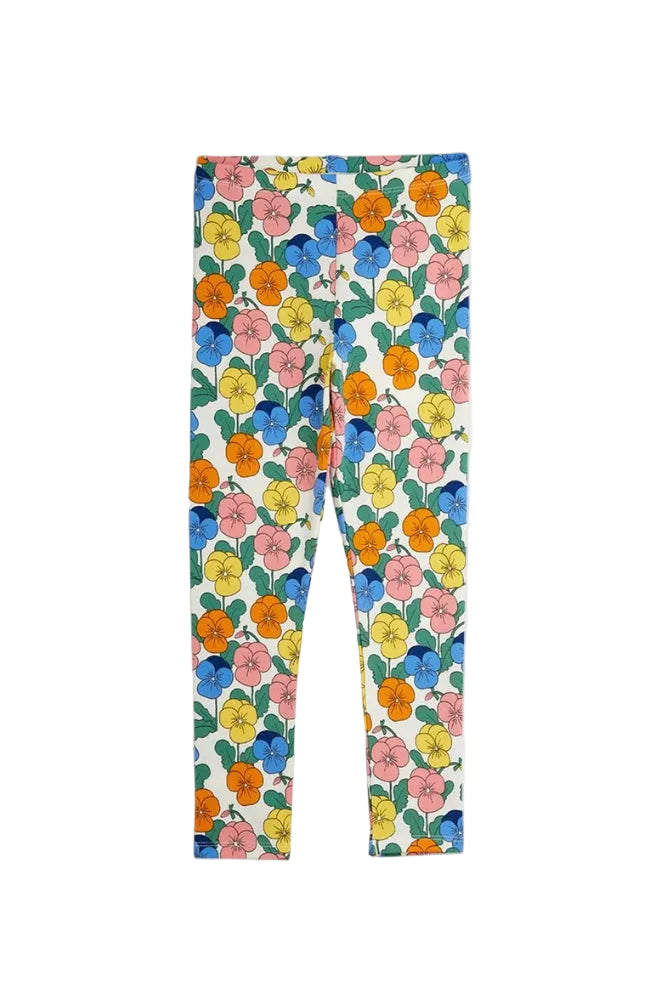 A pair of children's leggings with a vibrant, multicolor floral print on a white background, displayed flat against a light gray backdrop.