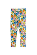 A pair of children's leggings with a vibrant, multicolor floral print on a white background, displayed flat against a light gray backdrop.
