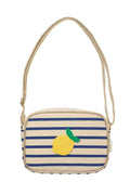 Striped bag with a lemon decoration on a white background
