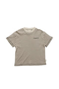 Striped t-shirt with text on a white background