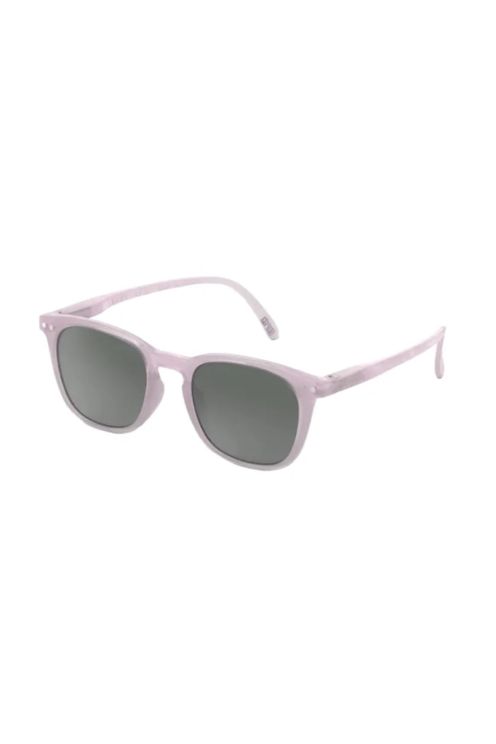 Purple sunglasses with dark lenses on a white background