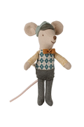 A handmade fabric mouse doll dressed in a tweed-style outfit with a green cap, argyle vest, brown bow tie, and gray trousers, standing against a plain white background.