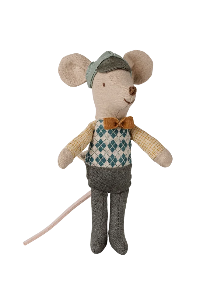 A handmade fabric mouse doll dressed in a tweed-style outfit with a green cap, argyle vest, brown bow tie, and gray trousers, standing against a plain white background.