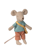 Stuffed toy mouse wearing a striped shirt and orange pants on a white background