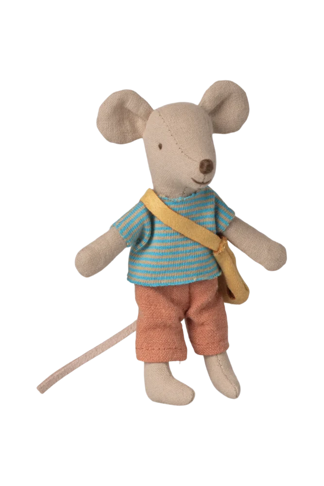 Stuffed toy mouse wearing a striped shirt and orange pants on a white background