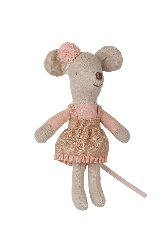 A plush mouse doll with beige fabric, wearing a pink long-sleeve top with white polka dots and a sparkly gold glittery smocked dress with a pink ruffled hem. It has a pink pom-pom hair accessory on its head and a long tail, shown against a plain white background.