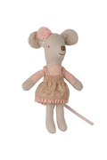 A plush mouse doll with beige fabric, wearing a pink long-sleeve top with white polka dots and a sparkly gold glittery smocked dress with a pink ruffled hem. It has a pink pom-pom hair accessory on its head and a long tail, shown against a plain white background.