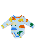 A baby long-sleeve bodysuit in light blue with a colorful pattern of cartoon cars in yellow, orange, green, and blue, shown on a plain white background.