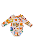 A long-sleeve baby bodysuit with a colorful, whimsical print featuring butterflies, flowers, and abstract shapes on a light pinkish-beige background, shown flat on a white background.