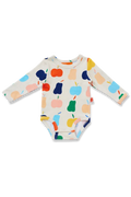 A baby long-sleeve bodysuit with an off-white background and a colorful fruit print featuring apples and pears in orange, blue, yellow, green, and pink. A small red tag is visible on the right side of the chest.