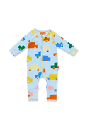 A baby long-sleeve footless one-piece romper in light blue, featuring a colorful geometric pattern of stylized cars and blocks in yellow, orange, green, blue, and pink. The romper has a front zipper and is photographed flat on a white background.