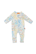 A baby long-sleeve footless one-piece romper in white, decorated with a colorful pattern of small stars, smiley faces, and dots in multiple colors.
