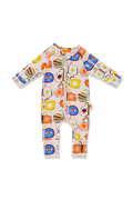 A baby long-sleeve footless one-piece jumpsuit with a colorful pattern of illustrated Butterflies.