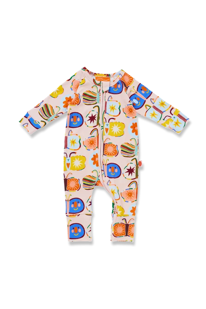 A baby long-sleeve footless one-piece jumpsuit with a colorful pattern of illustrated Butterflies.