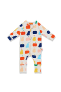 A baby long-sleeve footless one-piece sleeper with a colorful fruit print on an off-white background. The print features stylized apples and pears in orange, yellow, light blue, dark blue, and peach.