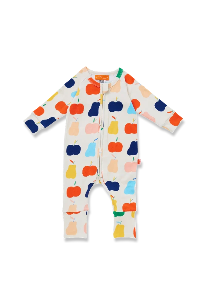 A baby long-sleeve footless one-piece sleeper with a colorful fruit print on an off-white background. The print features stylized apples and pears in orange, yellow, light blue, dark blue, and peach.