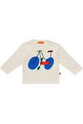 An off-white long-sleeve baby t-shirt featuring a colorful embroidered bicycle motif on the front, displayed flat against a solid white background.
