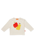 A cream-colored long-sleeve baby top featuring a textured applique design of a red apple and a yellow pear on the front, with a small orange brand label at the collar.
