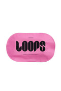 A pink single-use face mask packaging with the brand name 'Loops' written in black text.
