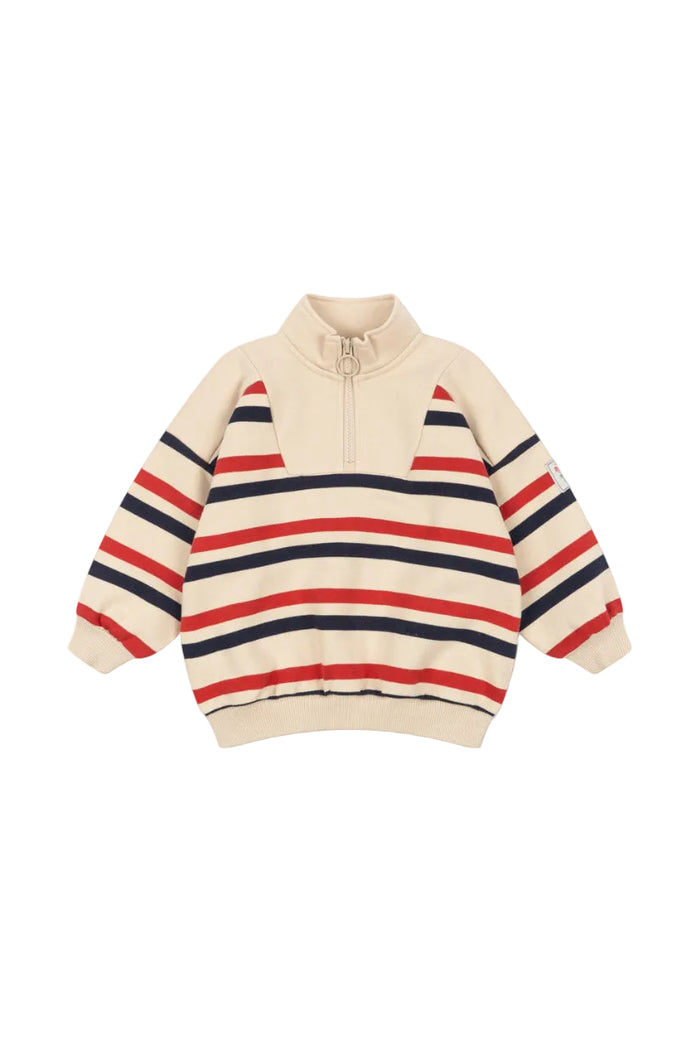 A cream-colored knit half-zip sweater with horizontal red and navy blue stripes, displayed flat against a solid white background.
