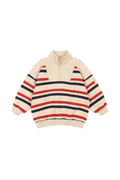 A cream-colored knit half-zip sweater with horizontal red and navy blue stripes, displayed flat against a solid white background.