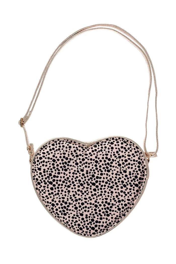 Heart-shaped bag with leopard pattern on a white background