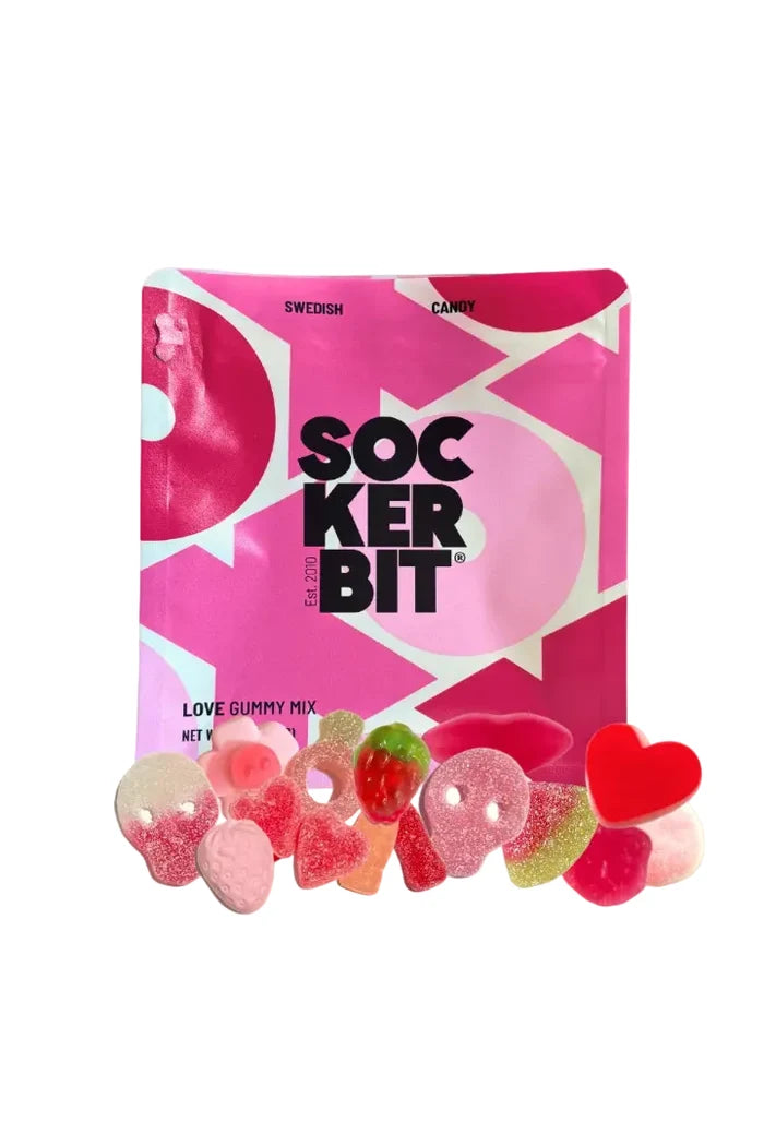Pink packaging of Sockerbit gummy candies with heart shapes on a white background