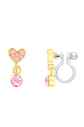 Gold and pink heart-shaped earrings on a white background