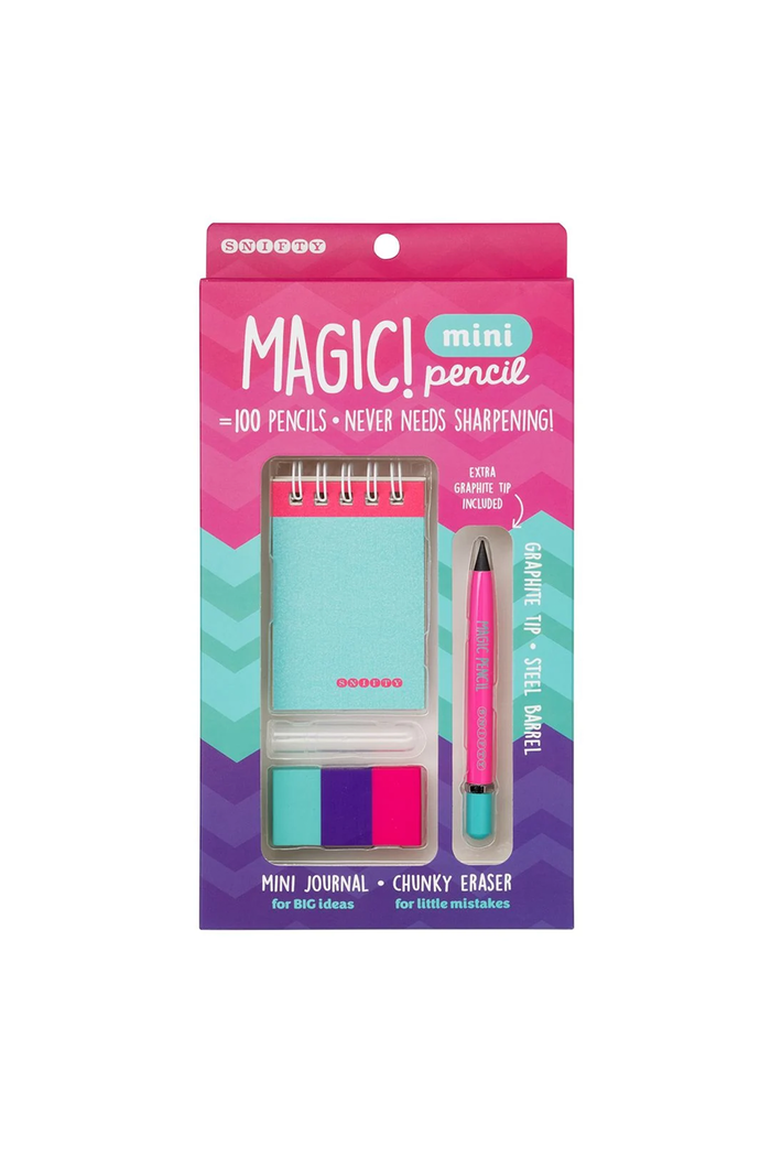 Magic! Mini Pencil stationery set in retail packaging, featuring a pink and purple box with a visible mini journal, pink pencil, and colorful eraser pieces.