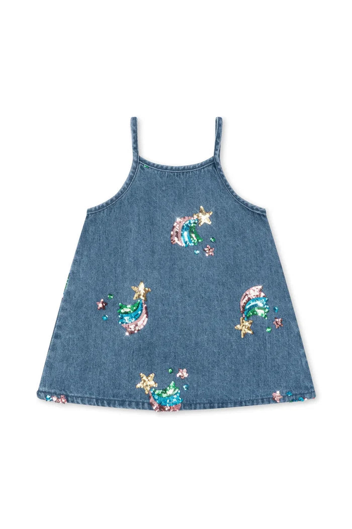 A blue denim baby dress with thin straps and colorful sequined mermaid and star motifs, displayed flat against a white background.