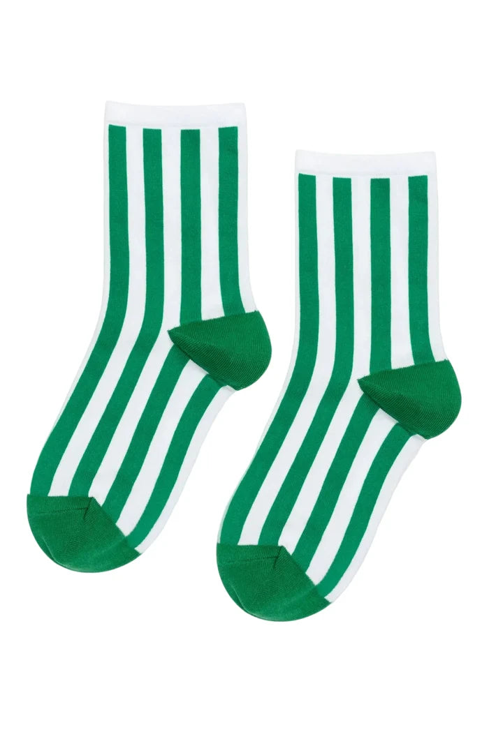 Green and white striped socks with green toes on a white background