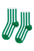Green and white striped socks with green toes on a white background