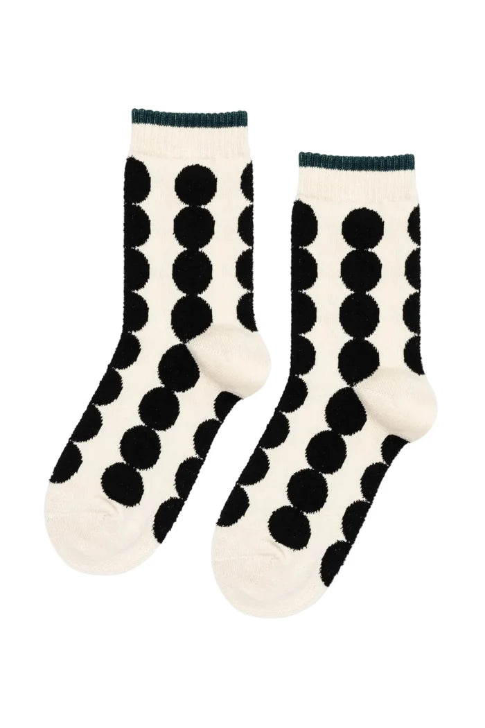 Pair of socks with black polka dot pattern on a white background