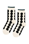 Pair of socks with black polka dot pattern on a white background
