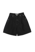 Black denim shorts on a white background