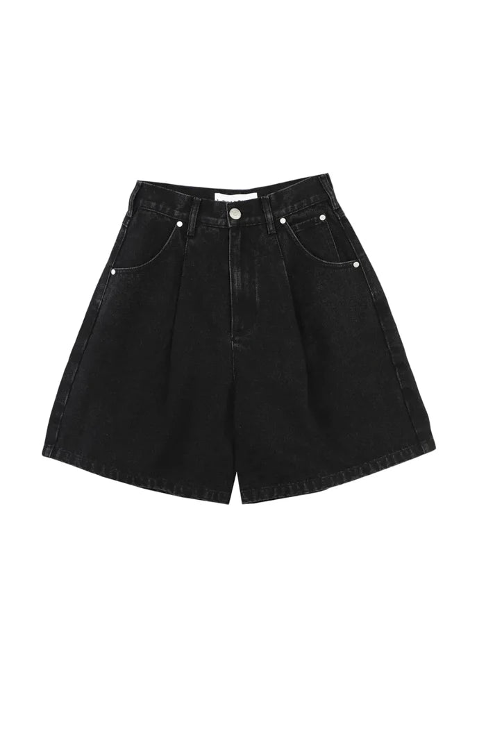 Black denim shorts on a white background