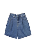 Blue denim shorts on a white background