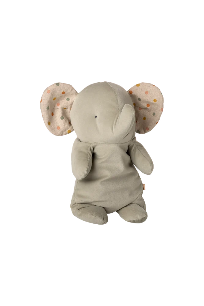 Plush elephant toy with polka dot ears on a white background