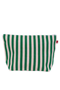 Striped pouch with green and pink vertical stripes on a white background