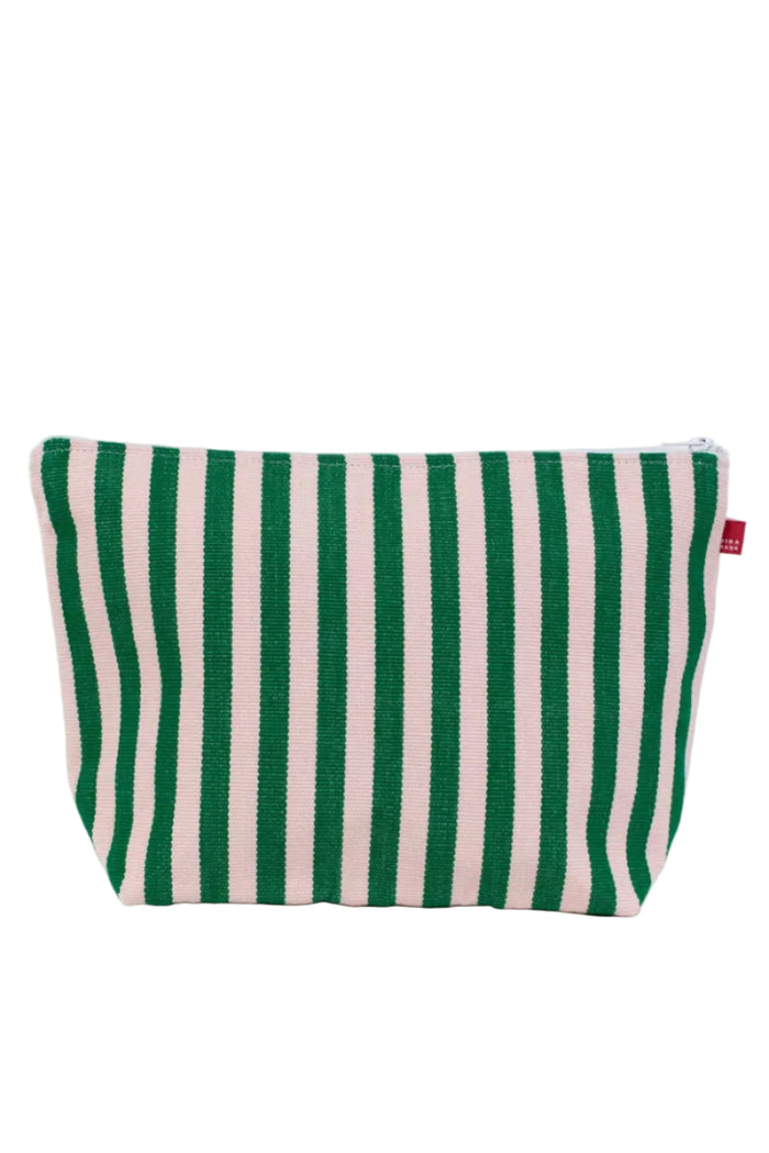 Striped pouch with green and pink vertical stripes on a white background