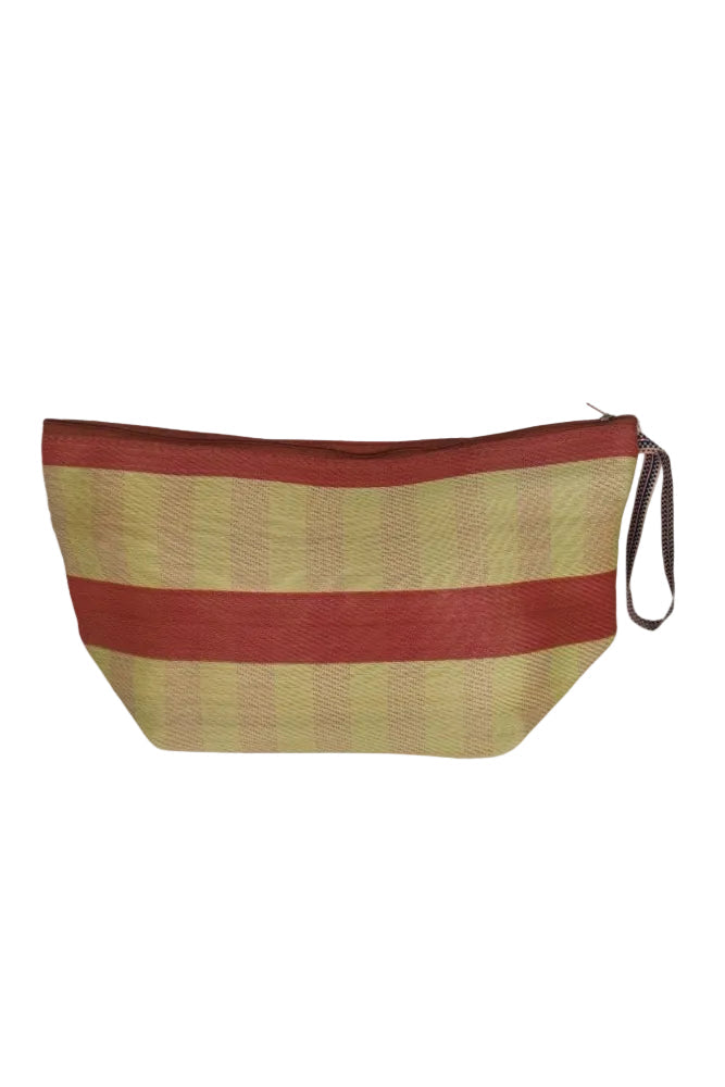 Recycled plastic bag with red band and strap on a white background