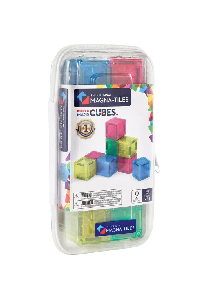 The Original Magna-Tiles Micro Mags Cubes toy set in a clear plastic storage case with a white and multicolor label, containing 9 colorful magnetic cube tiles.