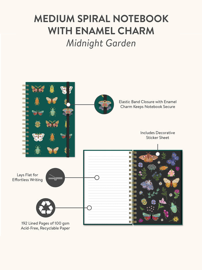 Midnight Garden Medium Spiral Notebook with Enamel Charm