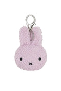 A light pink fuzzy plush bunny keychain with embroidered black eyes and mouth, attached to a silver metal key ring, shown on a plain white background.