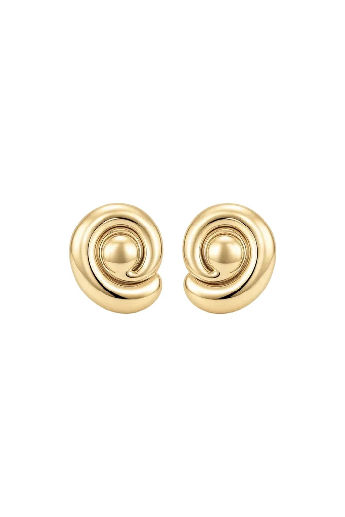 A pair of gold spiral stud earrings with a polished, rounded design, shown on a clean white background.