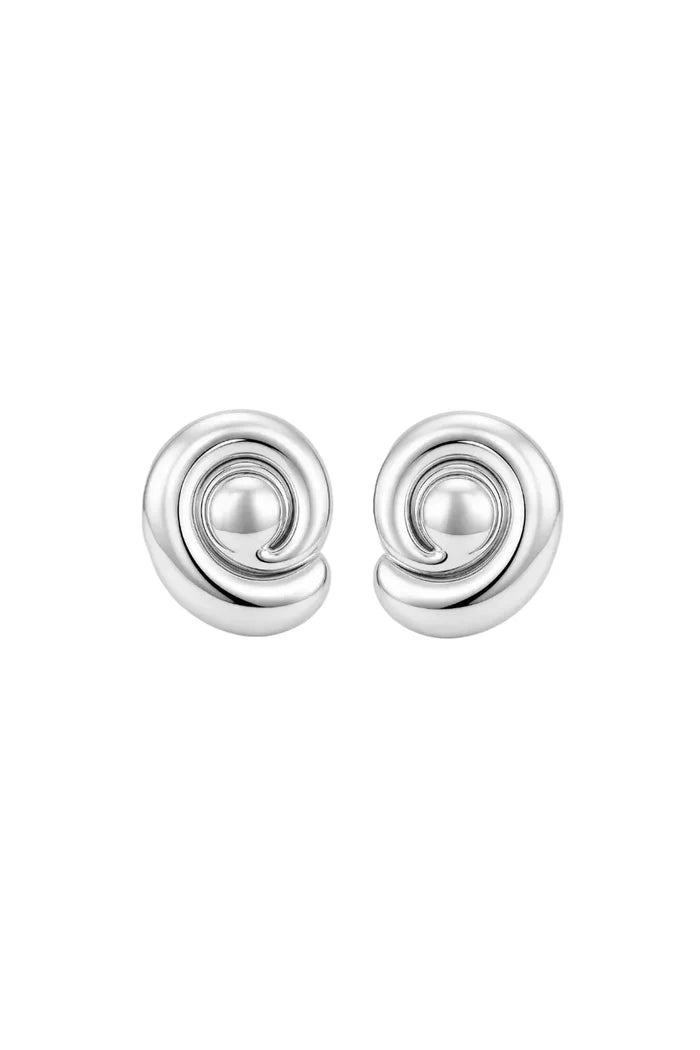A pair of silver spiral stud earrings with a polished metallic finish, displayed on a clean white background.