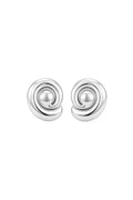 A pair of silver spiral stud earrings with a polished metallic finish, displayed on a clean white background.