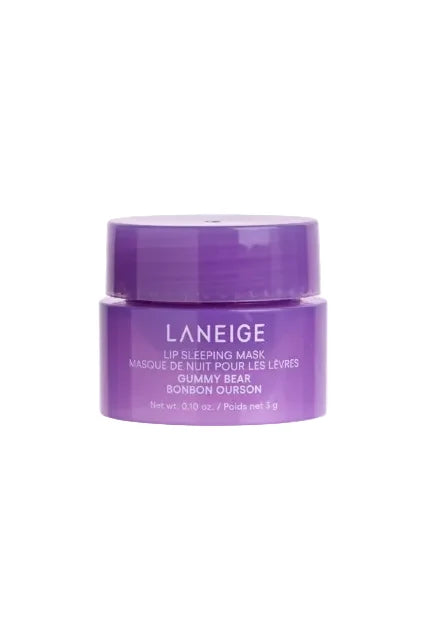 Purple jar of Laneige lip sleeping mask on a white background